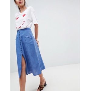 ASOS Blue Button Front Full Midi Skirt Linen Blend